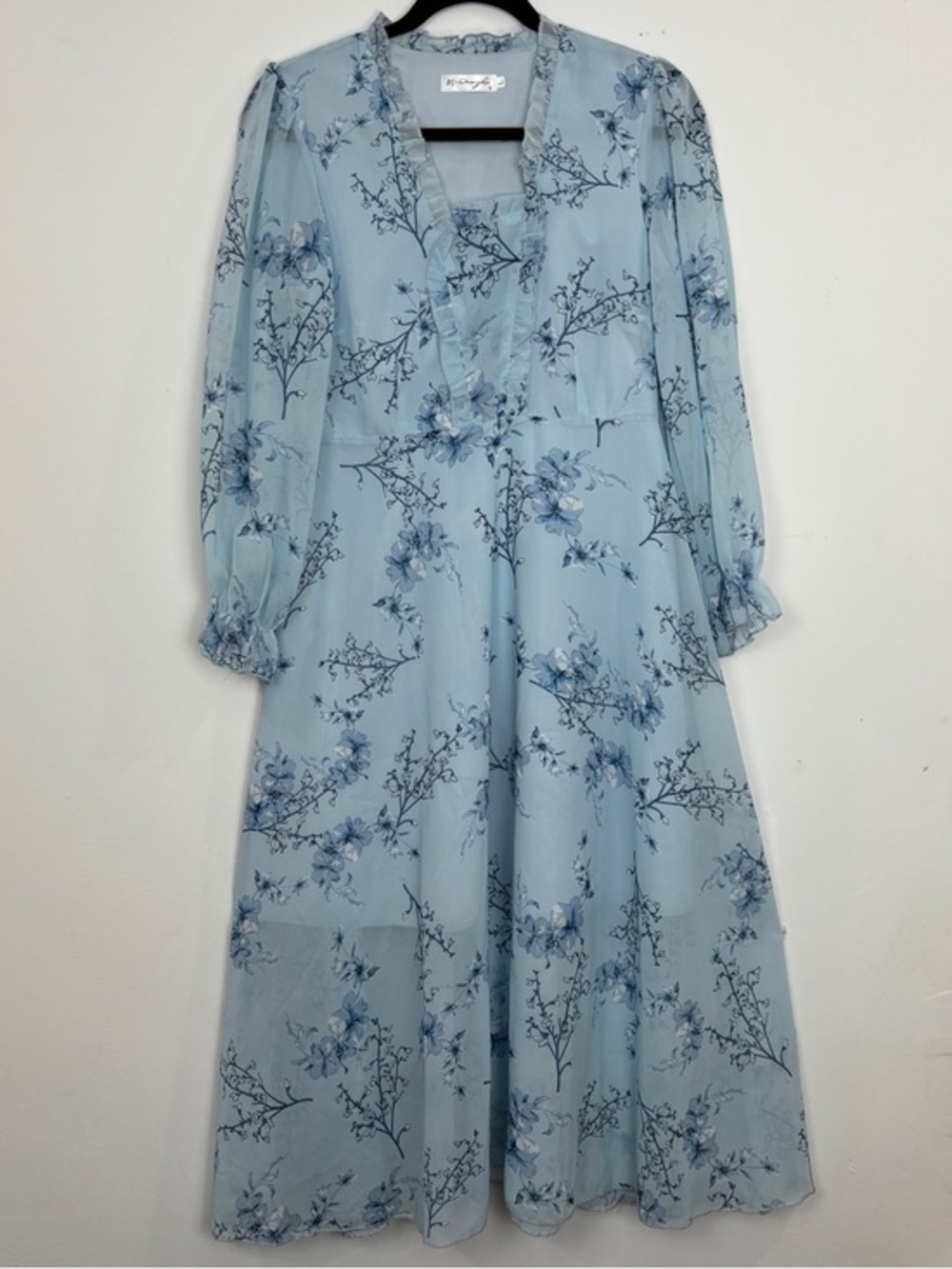 AS Wenzhu Airy Blue Floral Chiffon Midi Dress L Cottagecore Boho Romantic Ruffle